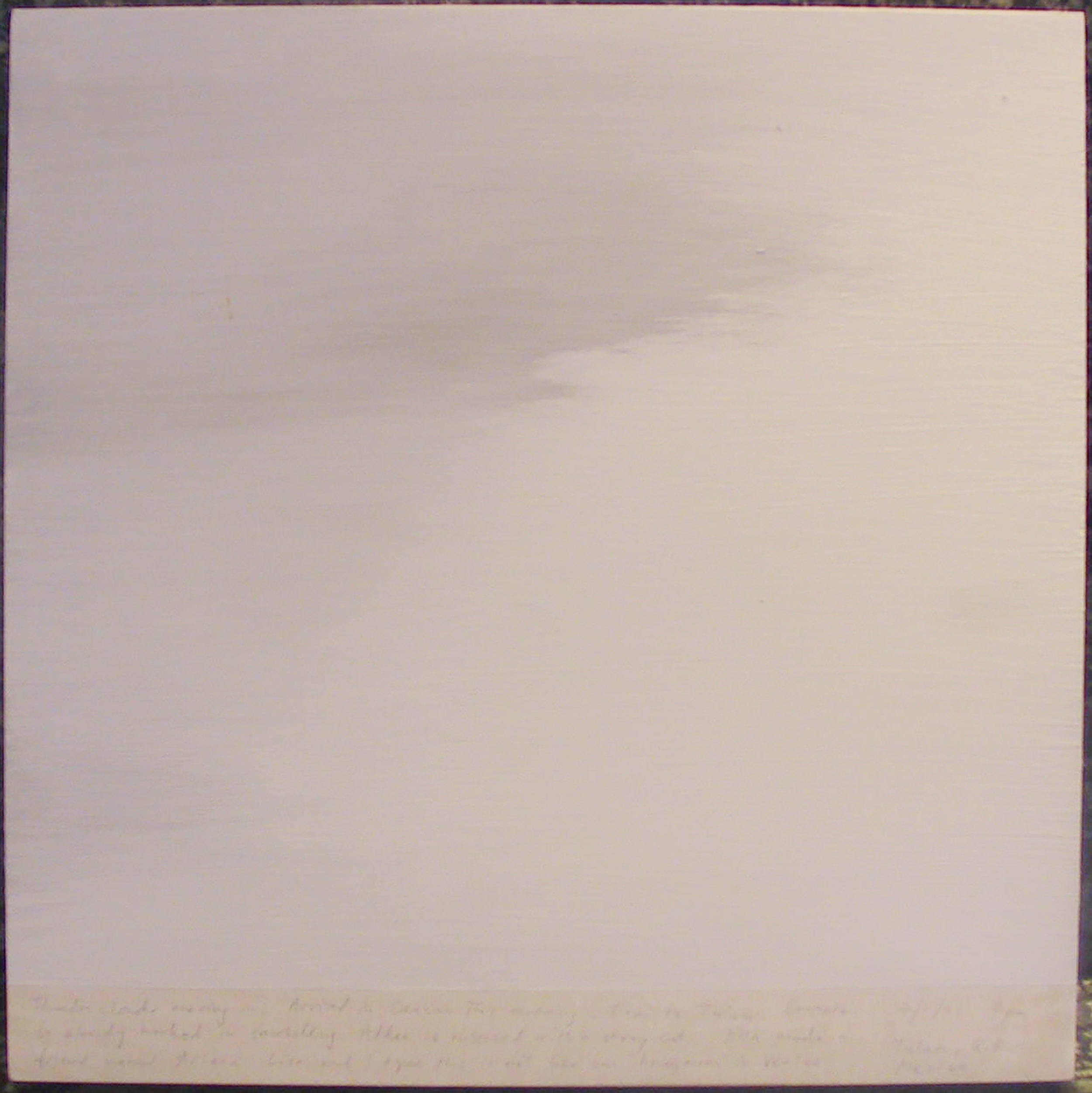 A 14 × 14 inch, acrylic painting of the sky. A journal entry is handwritten on the painting, but the photograph is too low-resolution to read.