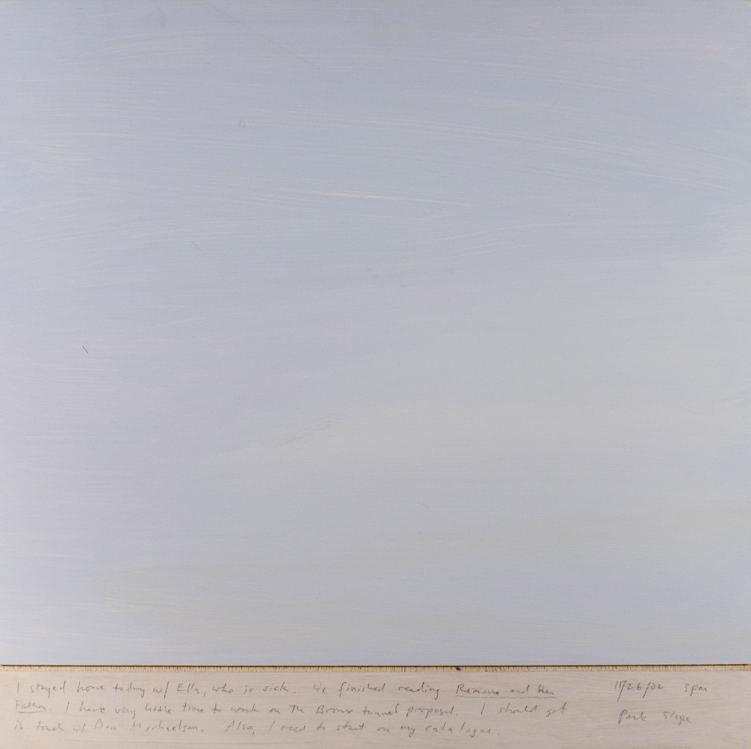 A 14 × 14 inch, acrylic painting of the sky. A journal entry is handwritten on the painting: