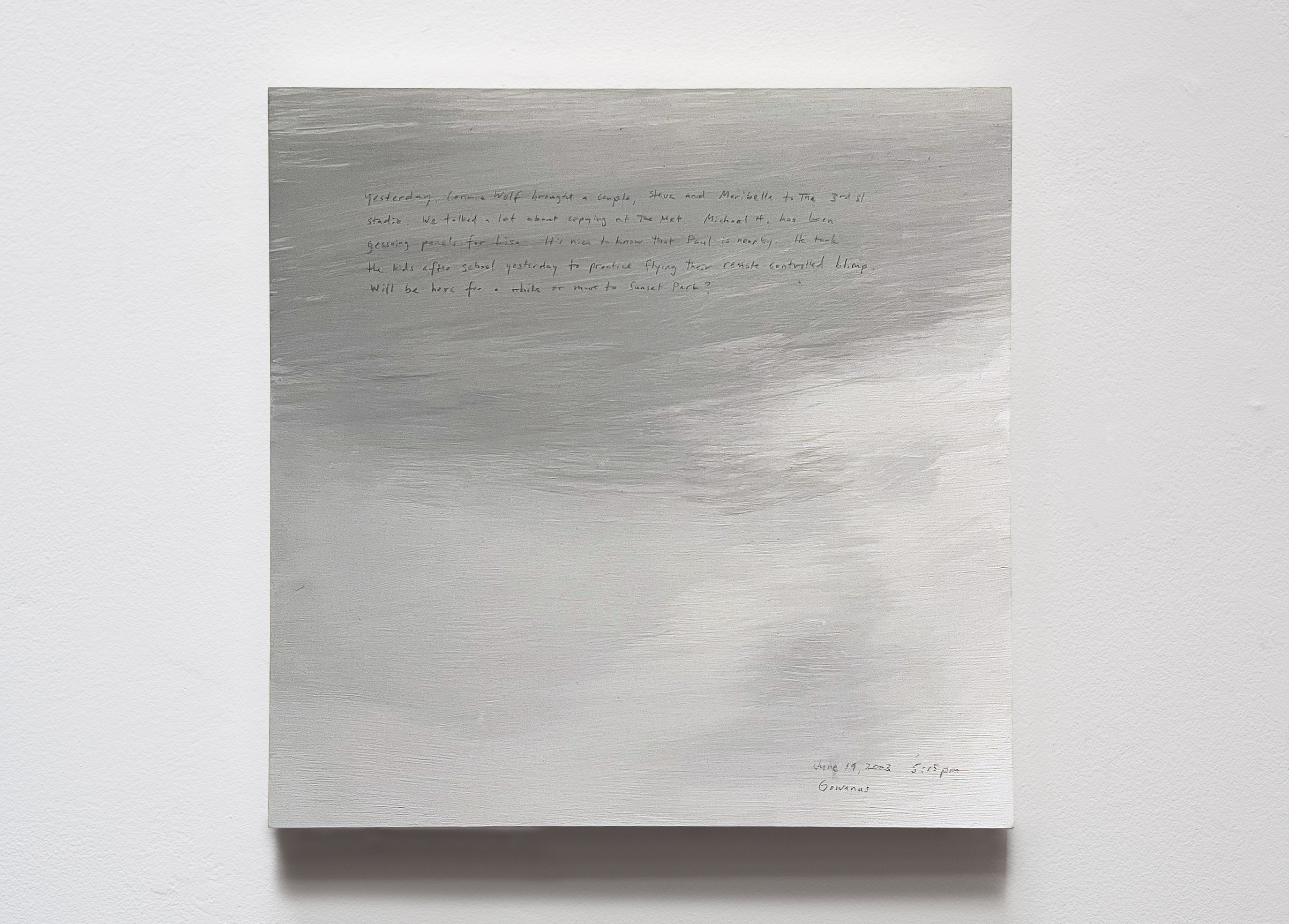 A 14 × 14 inch, acrylic painting of the sky. A journal entry is handwritten on the painting: