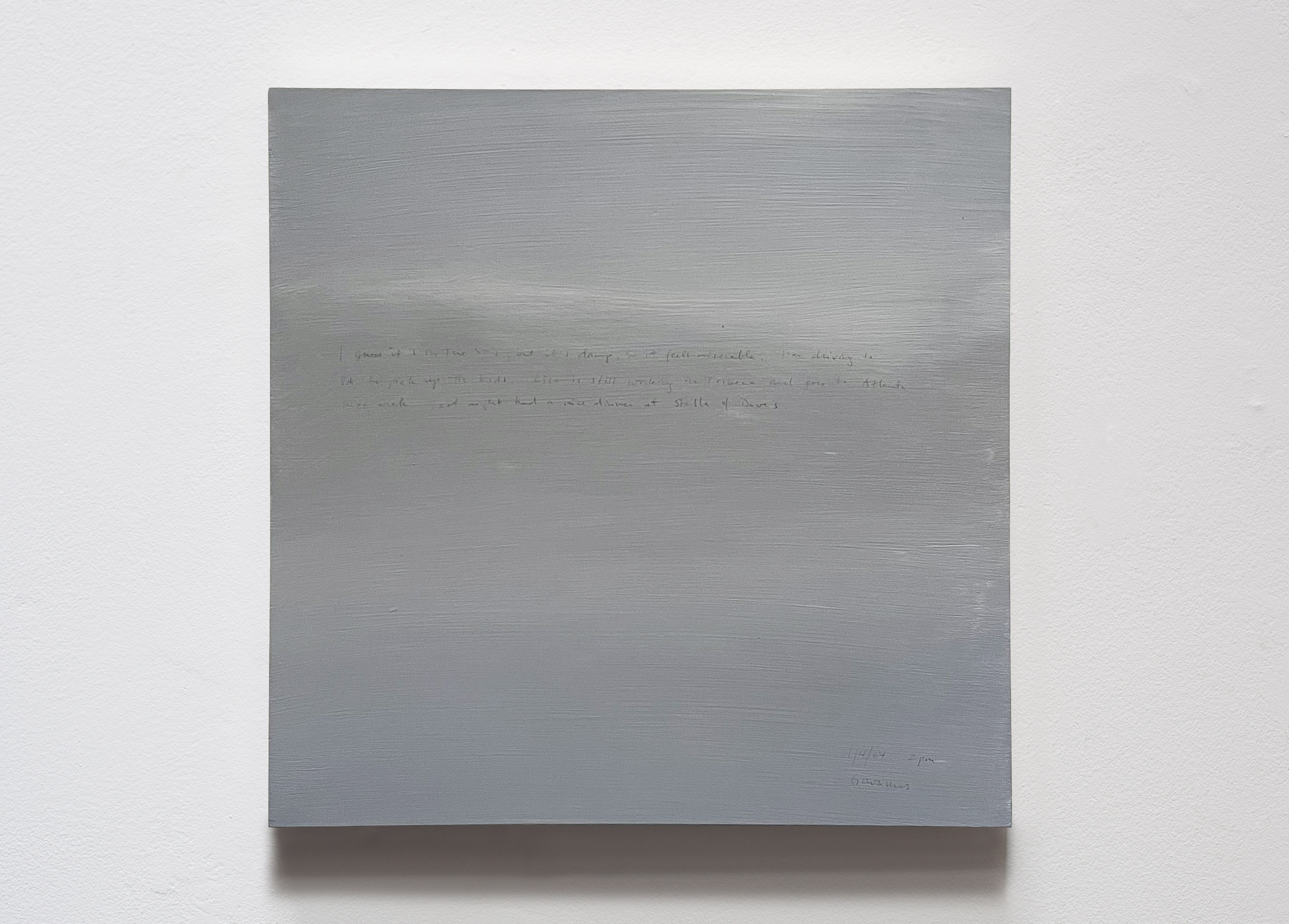 A 14 × 14 inch, acrylic painting of the sky. A journal entry is handwritten on the painting:

“I guess it’s in the 50s, but it’s damp, so it feels miserable. I’m driving to PA pick up the kids. Lisa is still working in Tribeca and goes to Atlanta next week. Last night had a nice dinner at Stella & Dave’s.

1/4/04 2pm
Gowanus”