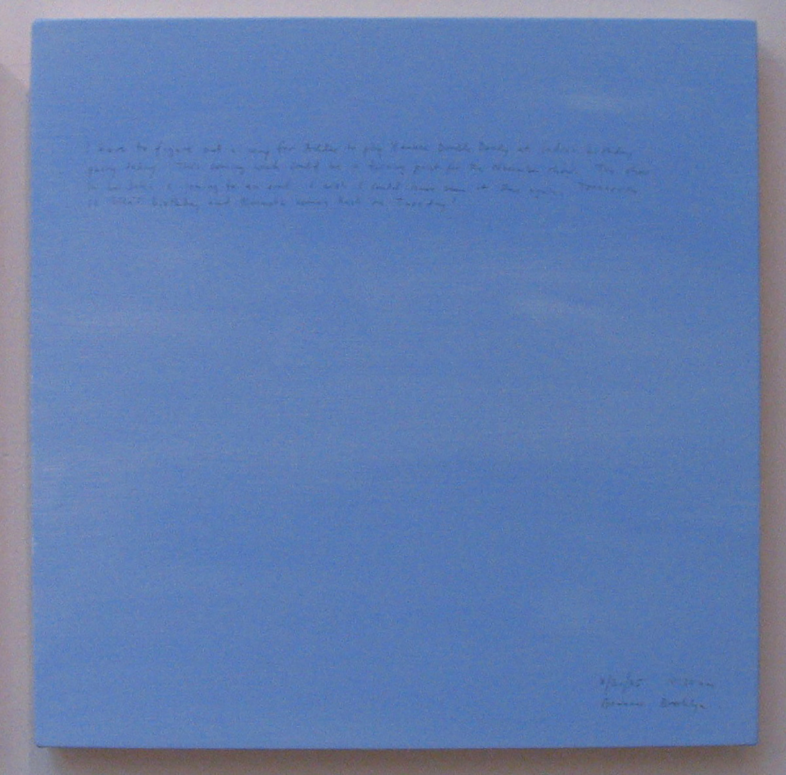 A 14 × 14 inch, acrylic painting of the sky. A journal entry is handwritten on the painting, but the photograph is too low-resolution to read.