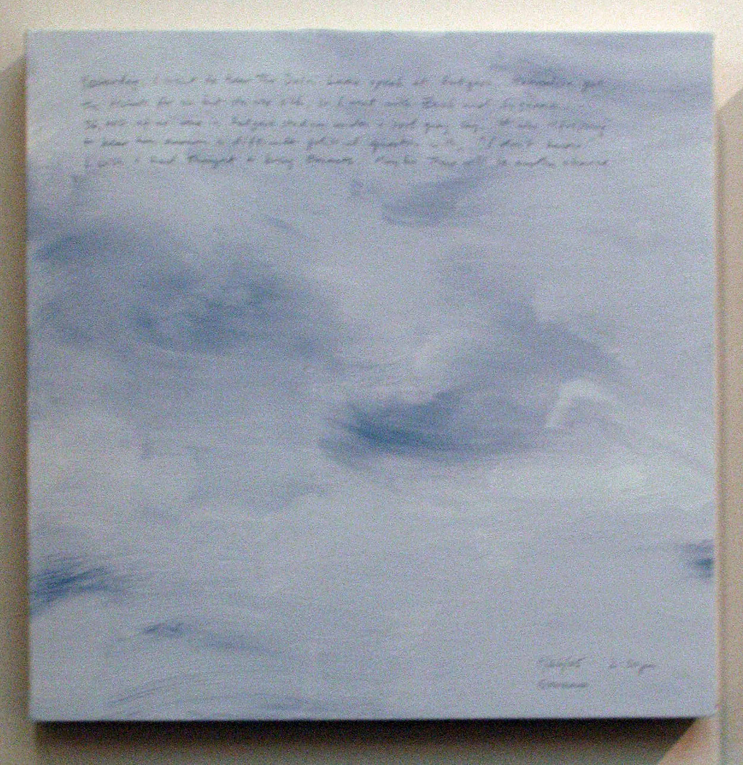 A 14 × 14 inch, acrylic painting of the sky. A journal entry is handwritten on the painting, but the photograph is too low-resolution to read.