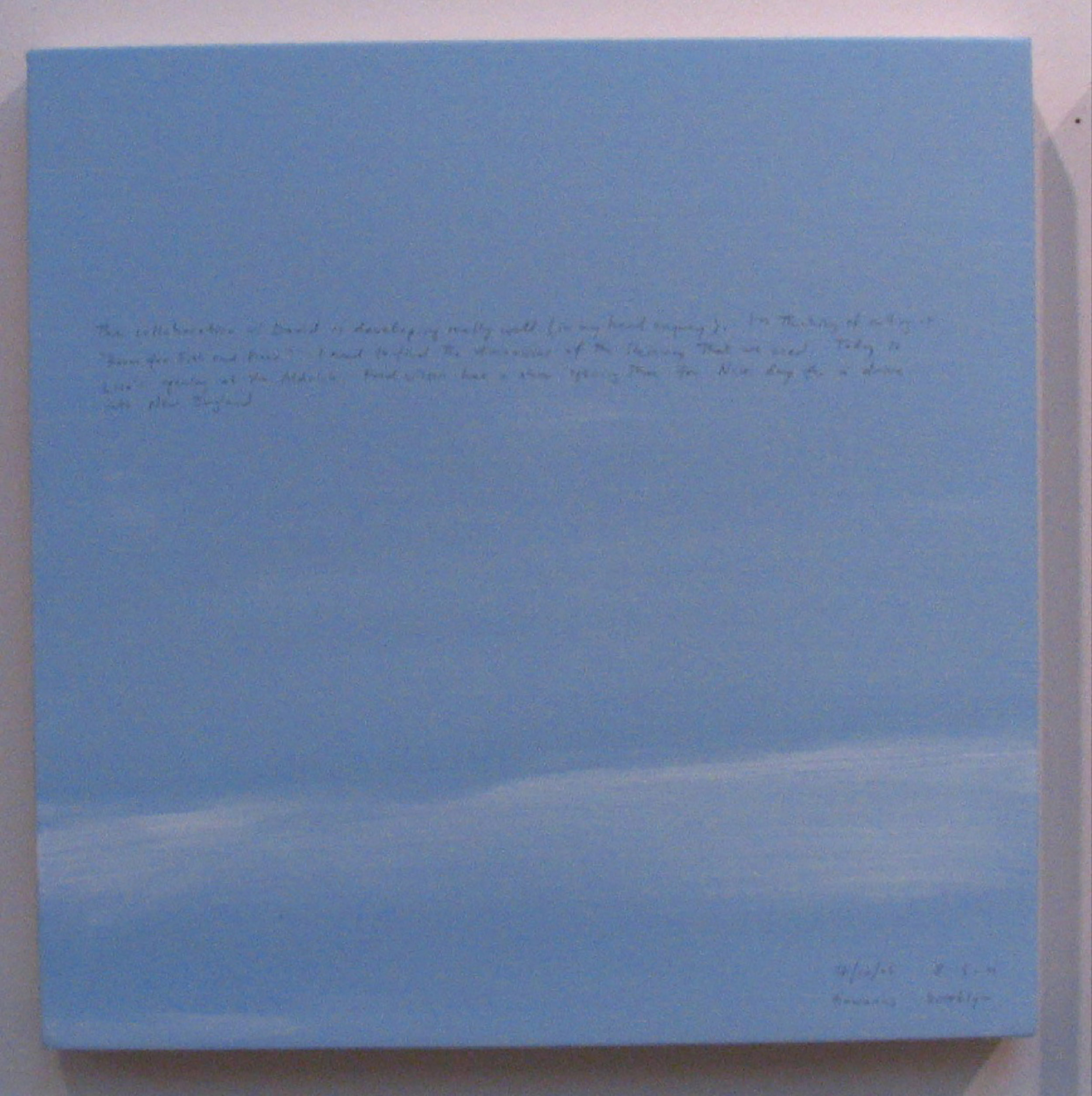 A 14 × 14 inch, acrylic painting of the sky. A journal entry is handwritten on the painting, but the photograph is too low-resolution to read.