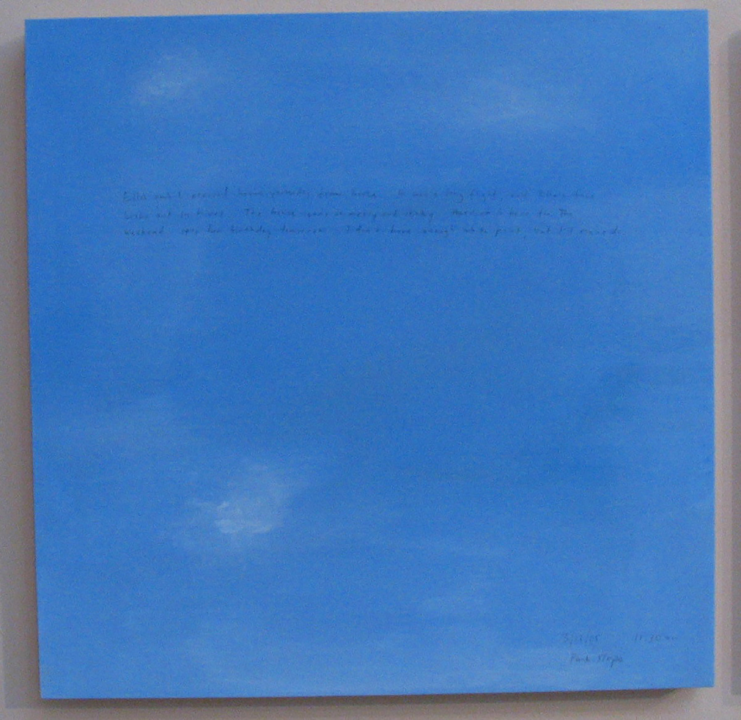 A 14 × 14 inch, acrylic painting of the sky. A journal entry is handwritten on the painting, but the photograph is too low-resolution to read.