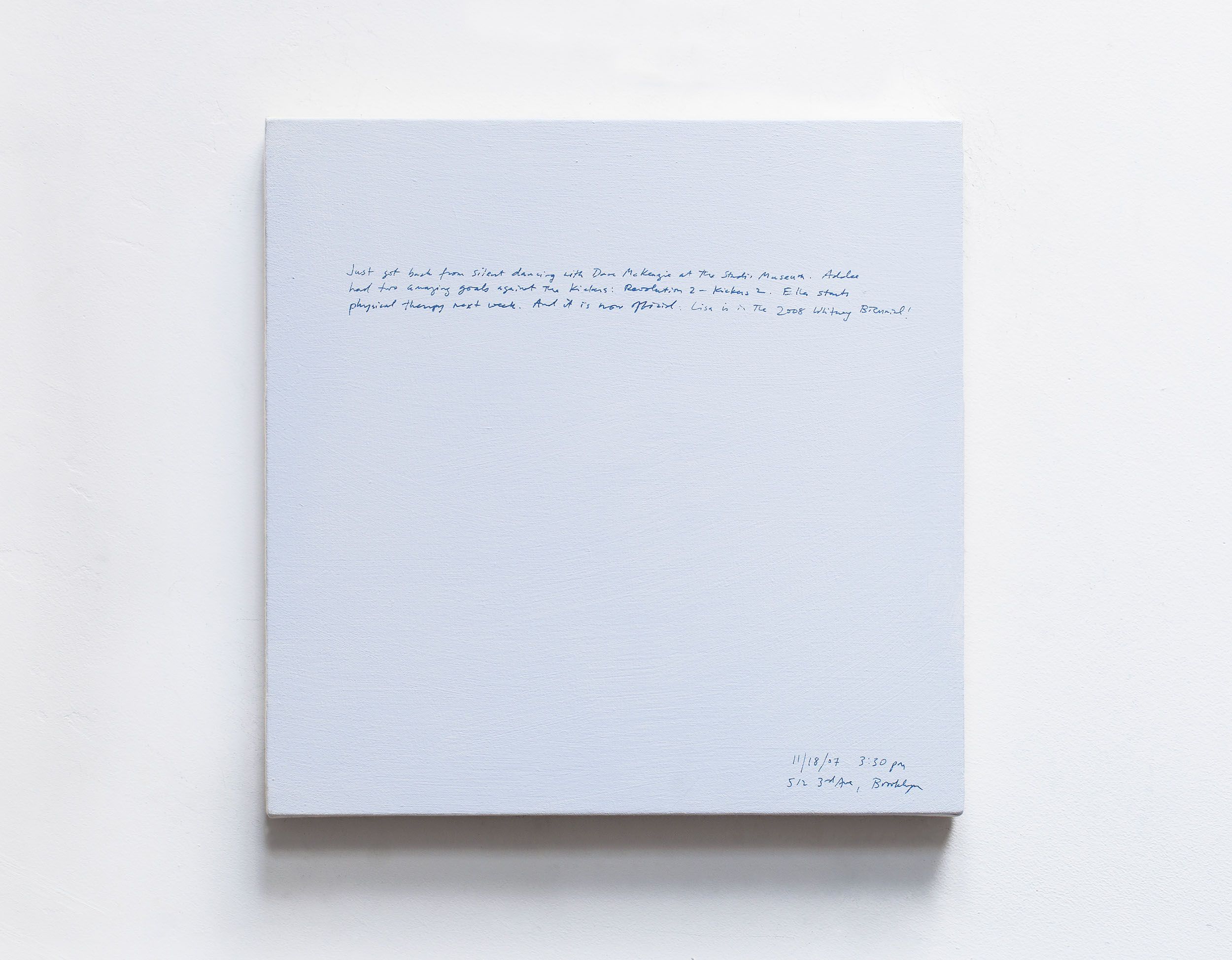 A 14 × 14 inch, acrylic painting of the sky. A journal entry is handwritten on the painting: