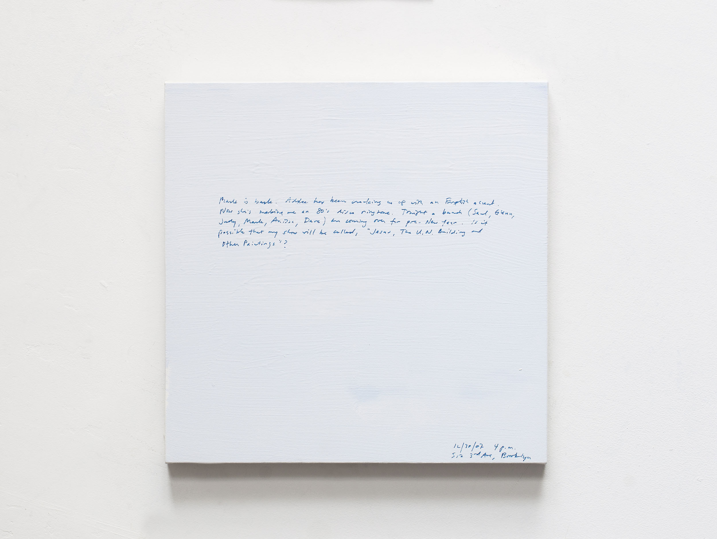 A 14 × 14 inch, acrylic painting of the sky. A journal entry is handwritten on the painting: