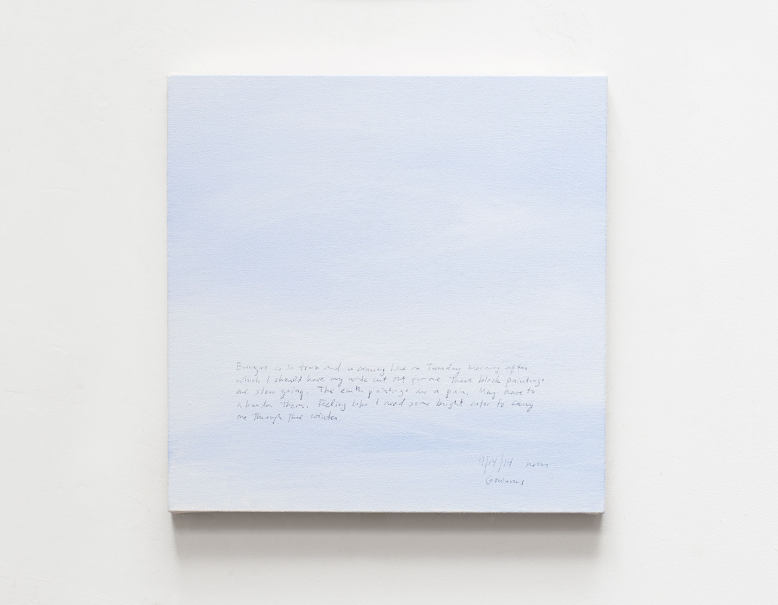 A 14 × 14 inch, acrylic painting of the sky. A journal entry is handwritten on the painting:

“Eungie is in town and is coming here on Tuesday morning after which I should have my work cut out for me. These black paintings are slow going. The earth paintings are a pain. May have to abandon them. Feeling like I need some bright color to carry me through the winter.

9/14/14 noon
Gowanus”