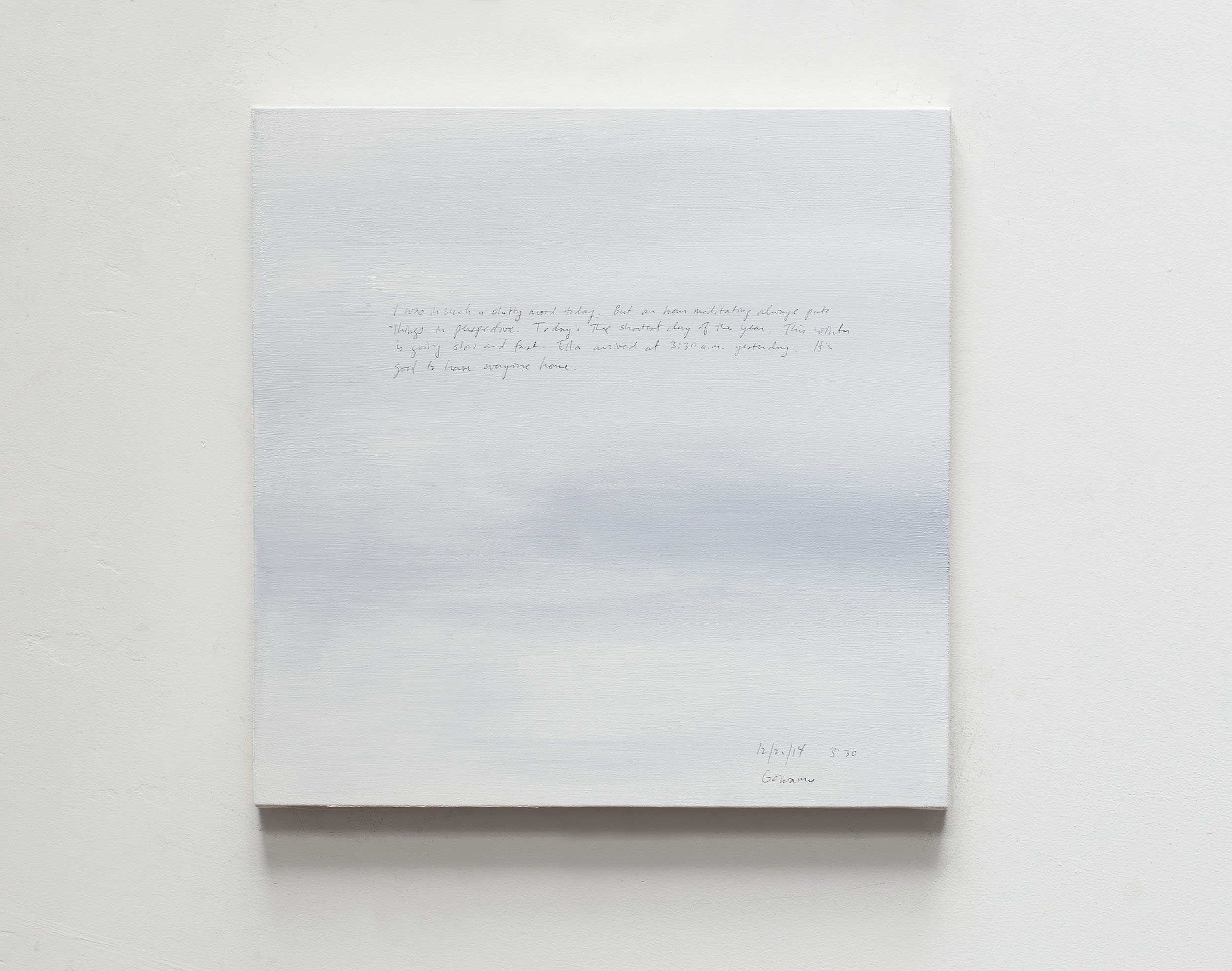 A 14 × 14 inch, acrylic painting of the sky. A journal entry is handwritten on the painting: