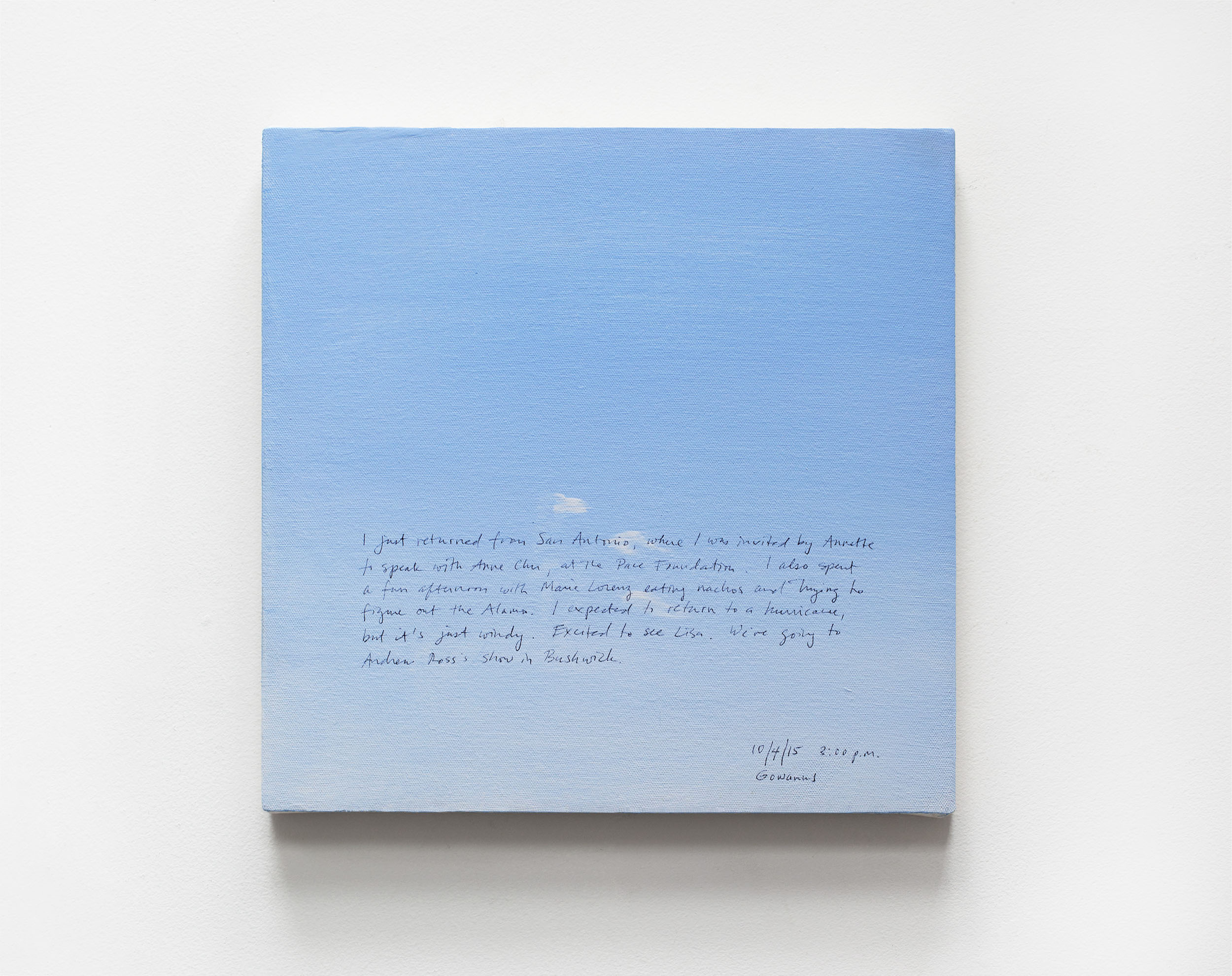 A 14 × 14 inch, acrylic painting of the sky. A journal entry is handwritten on the painting: