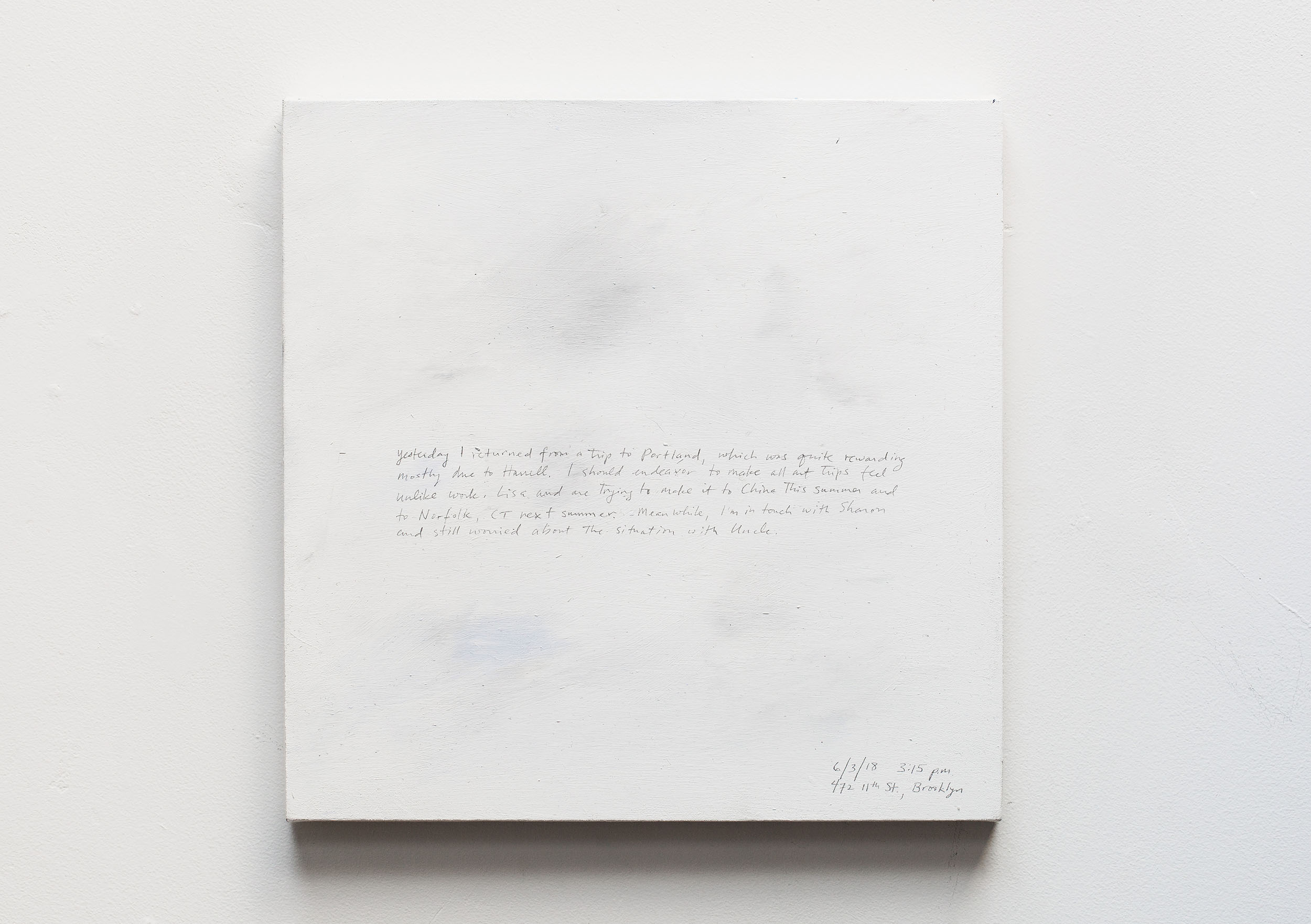 A 14 × 14 inch, acrylic painting of the sky. A journal entry is handwritten on the painting: