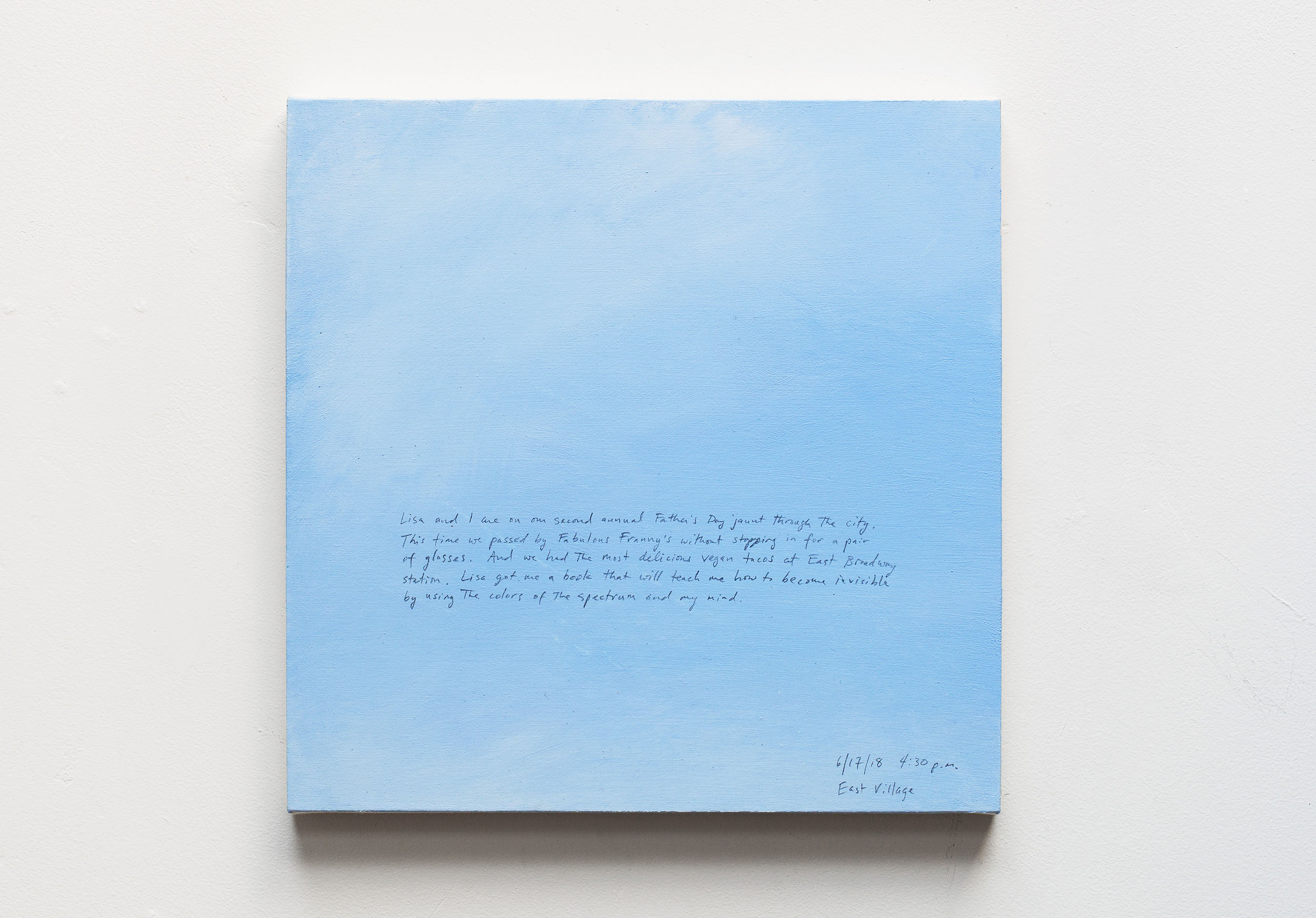 A 14 × 14 inch, acrylic painting of the sky. A journal entry is handwritten on the painting: