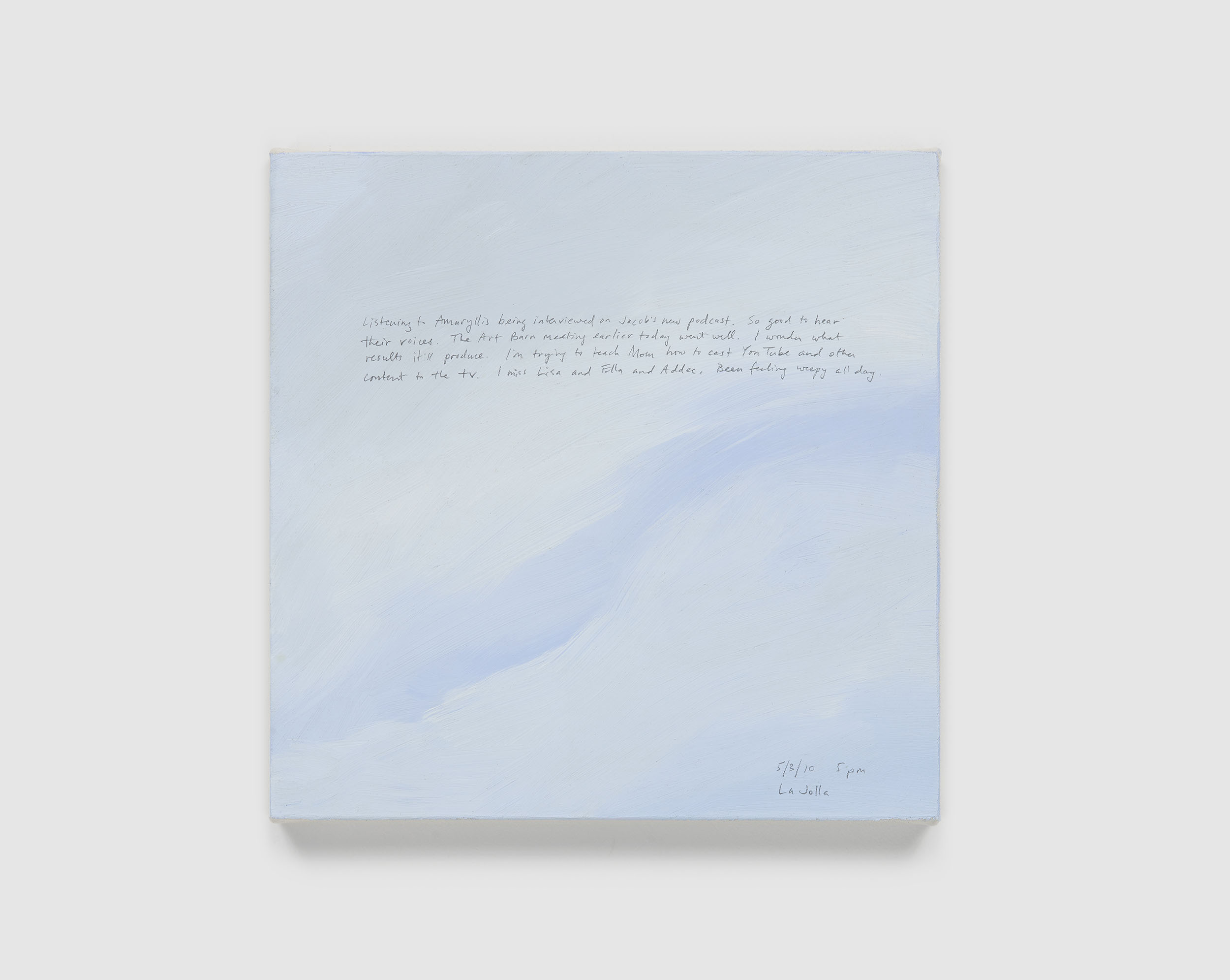 A 14 × 14 inch, acrylic painting of the sky. A journal entry is handwritten on the painting: