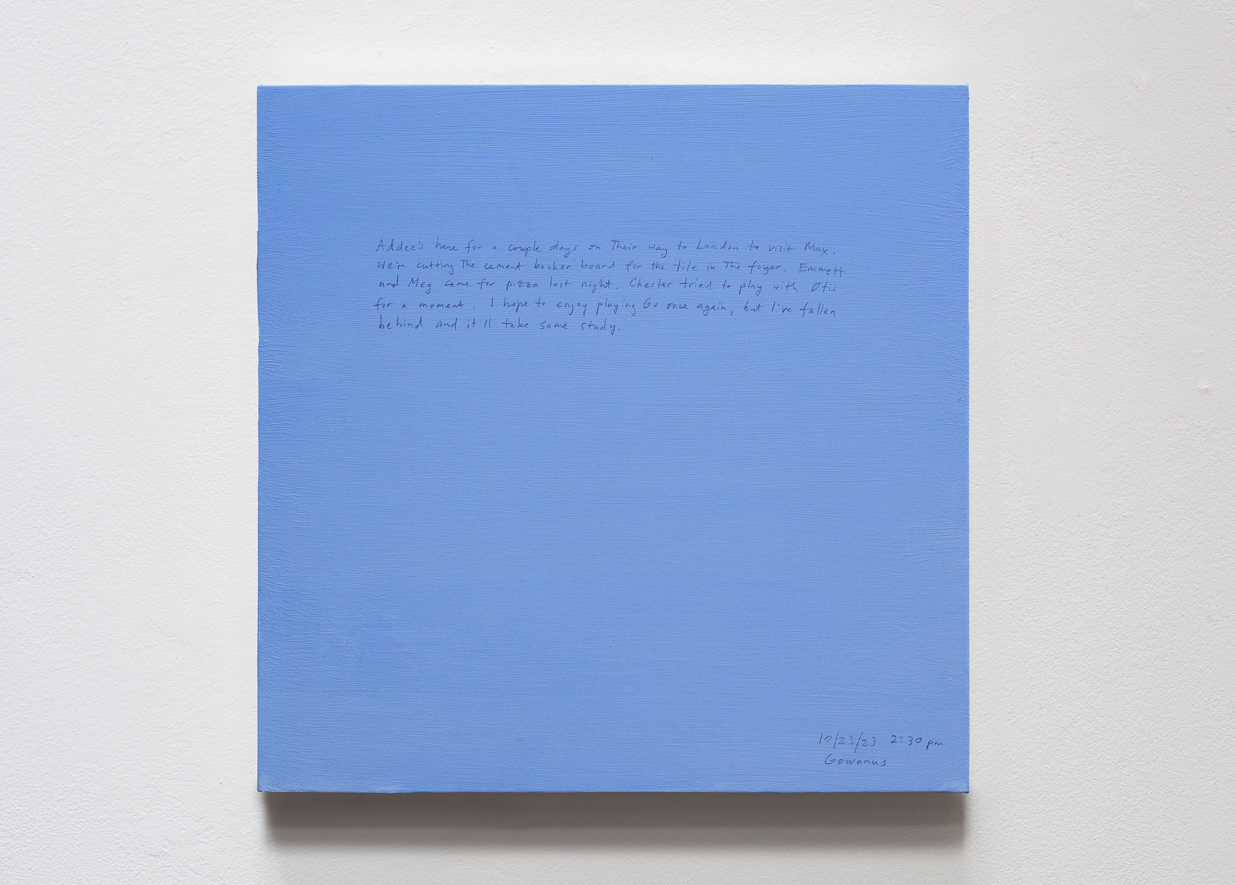 A 14 × 14 inch, acrylic painting of the sky. A journal entry is handwritten on the painting: