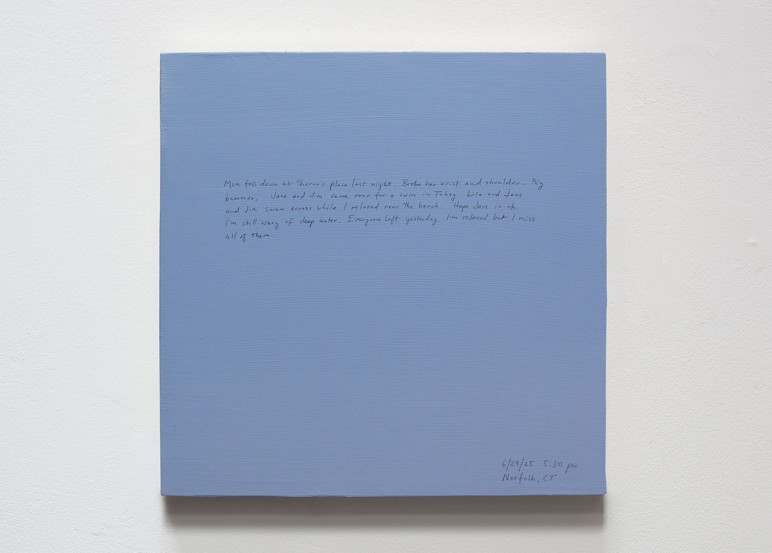 A 14 × 14 inch, acrylic painting of the sky. A journal entry is handwritten on the painting:

“Mom fell down at Sharon’s place last night. Broke her wrist and shoulder. Big bummer. Jane and Jim came over for a swim in Tobey. Lisa and Jane and Jim swam across while I relaxed near the beach. Hope Jane is ok. I’m still wary of deep water. Everyone left yesterday. I’m relieved, but I miss all of them.

6/29/25 5:30 pm
Norfolk, CT”