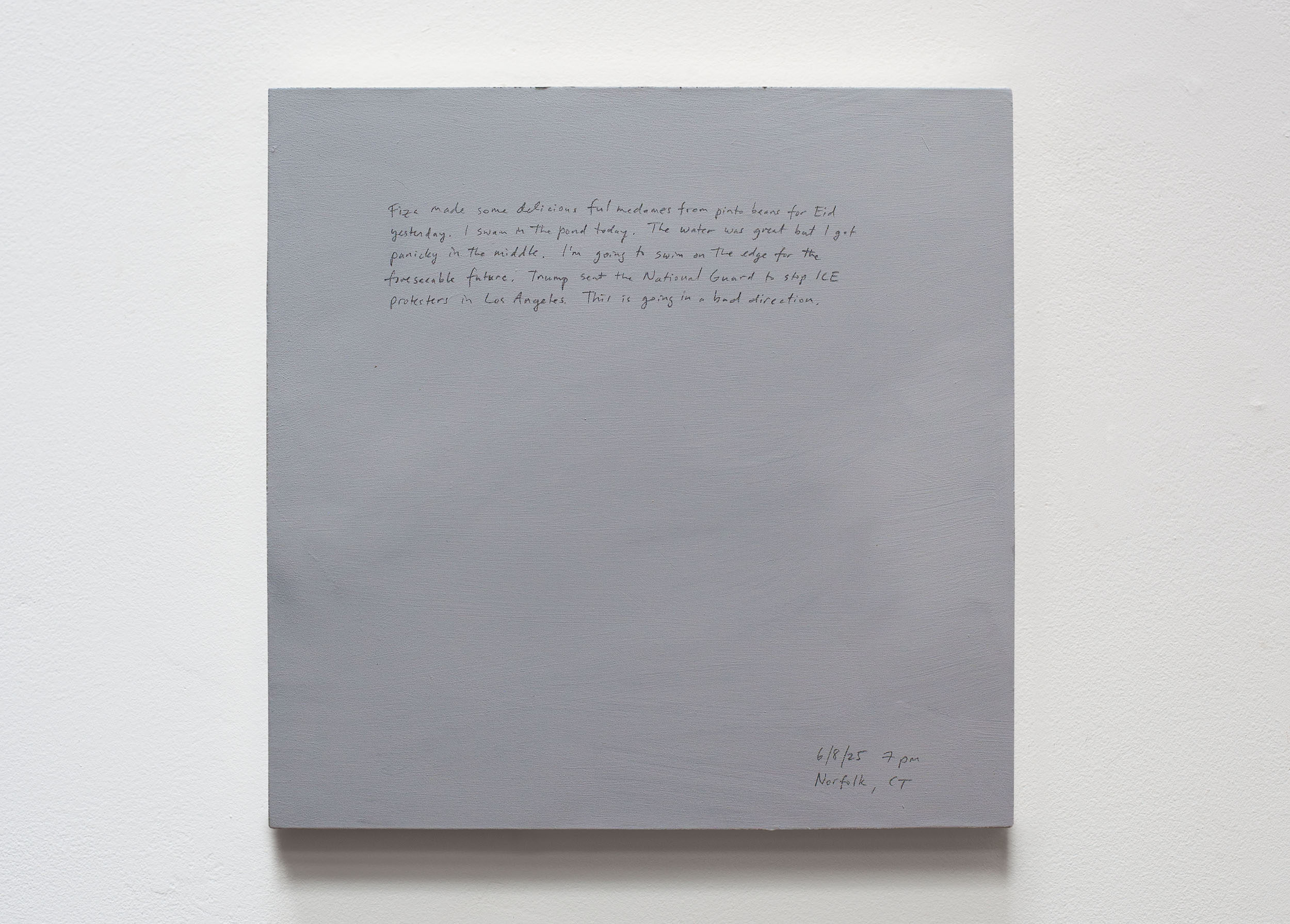 A 14 × 14 inch, acrylic painting of the sky. A journal entry is handwritten on the painting:

“Fiza made some delicious ful medames from pinto beans for Eid yesterday. I swam in the pond today. The water was great but I got panicky in the middle. I’m going to swim on the edge for the foreseeable future. Trump sent the National Guard to stop ICE protesters in Los Angeles. This is going in a bad direction. 

6/8/25 7 pm
Norfolk, CT”